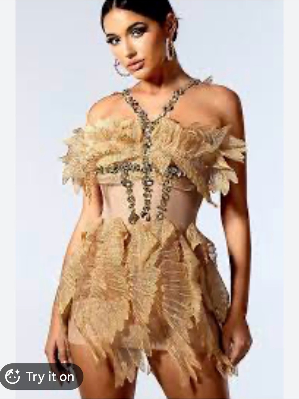 PoshbyV Gold Leaf Embellished Off-Shoulder Mini Dress